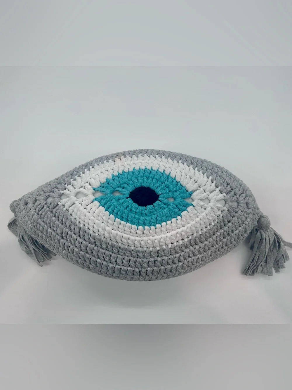 Hand-Crocheted Evil Eye Pillow - Gray, White & Blue. NWOT